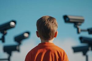 Young boy observing multiple security cameras in a surveillance-rich environment during daytime. Digital slavery, digital concentration camp photo