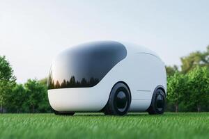 Futuristic autonomous delivery vehicle parked on a green lawn in a serene outdoor setting photo