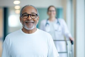 Smiling senior man in a healthcare setting with a doctor in the background during a routine check-up photo