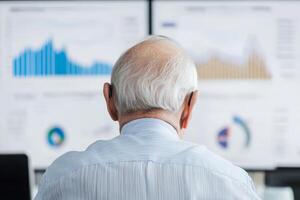 Senior analyst reviewing business performance metrics on digital screens in a modern office setting photo