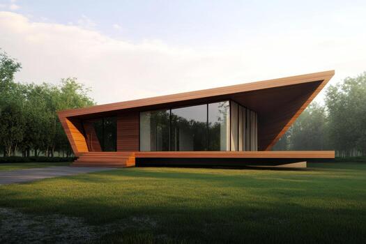Modern wooden house situated in a green landscape with large windows and unique architecture during the day photo