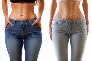Comparison of two pairs of stylish women's jeans on a model showcasing different shades and fits in bright lighting photo