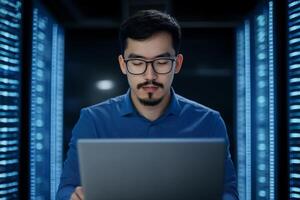 Man working on a laptop in a data center surrounded by server racks and illuminated screens photo