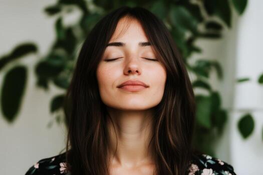 Relaxation and mindfulness practice in a serene indoor setting with lush greenery photo