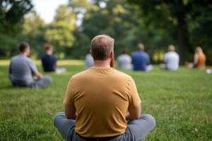 Group meditation session in a serene park setting during a sunny day photo
