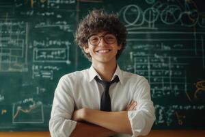 young genius in front of a board with mathematical equations photo