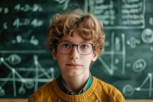 a boy wearing glasses and a sweater in front of a blackboard photo