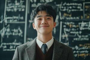 young man in suit and tie standing in front of blackboard photo