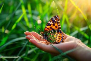 a butterfly is sitting on a person's hand in the grass photo
