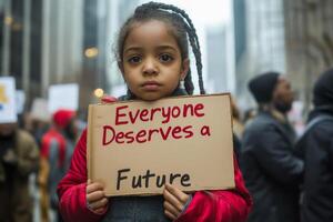 a young girl holding a sign that says everyone deserves a future photo