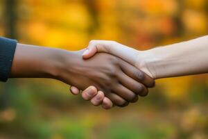 two people shaking hands in front of a forest background photo