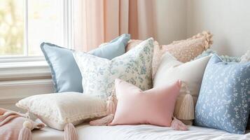 A collection of decorative pillows in soft pastels with tassels, styled on a daybed photo