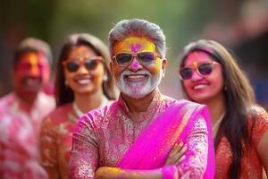 an elderly man with sunglasses and colorful paint on his face photo
