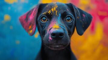 a black dog with colorful paint on its face photo