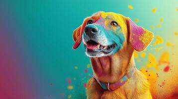 Golden retriever with colorful holi powder on his face on a colored background, Holi day photo