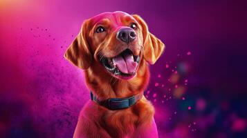 a dog is smiling in front of a purple background photo