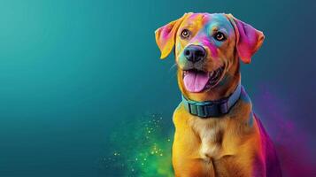 Golden retriever with colorful holi powder on his face on a color background photo