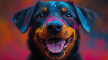a cute dog with colorful paint on its face photo