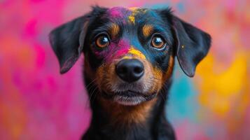 dog with colorful paint on its face, Holi photo