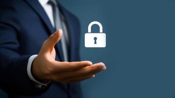 open palm of a businessman with a white padlock above it, sign of personal data protection photo
