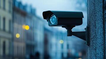 a security camera is mounted on a pole in front of a building photo