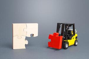 A forklift truck picks up the missing puzzle piece. Organization and systematization, step by step instructions. Procedure, key condition. Business planning. Contract road map. Priority task items photo