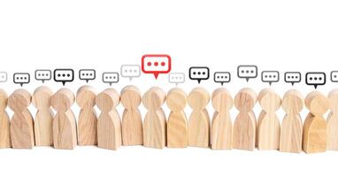 People figures with comment clouds above their heads. Communication in civil society. Cooperation and Collaboration. Commenting on feedback, participation in discussion. Brainstorming, fresh new ideas photo