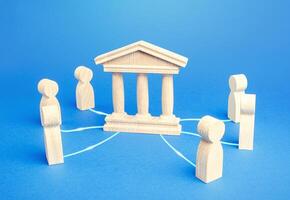 Bank or government state is an intermediary between people. Communication and the functioning of economic relations between entities, regulatory services. Courts and justice. Institution Management. photo