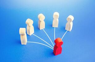 The red leader is associated with the team. Teamwork, give commands and task distribution. Cooperation and collaboration. Influence on people, authority. Leadership quality and followers. photo