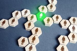 Green human figure is a connecting element of a network of people. A key essential element of the system. Leader and leadership skills. An irreplaceable valuable employee. Specialist and professional. photo