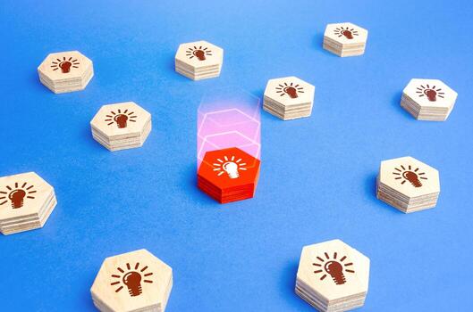 A red figure with a light bulb stands out among the rest. Choose best idea. Promising business startup. Most effective solution to task problem. Patenting and authorship. Confirmed hypothesis version. photo