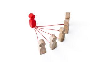 Red leader figurine connected with people by lines. Leadership and communication. Building a model of relationship with subordinates. Optimization and high work efficiency, minimization bureaucracy. photo