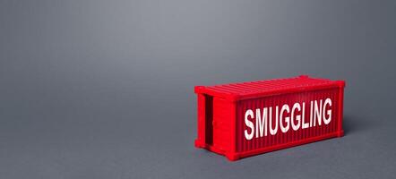 Red cargo shipping container with the word Smuggling. Traffic of prohibited goods and substances, bypassing customs control. Corruption, violation of the embargo, circumvention of sanctions. Import photo