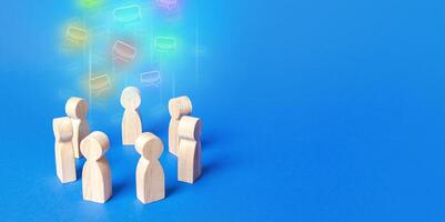 People circle in a discussion process. Negotiation process. Team brainstorming. New ideas innovations. Communication, cooperation and collaboration. Diplomatic negotiations, conflict resolution. photo