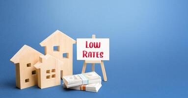 Figurines of houses and an easel with low rates. Low demand for real estate and housing, economic downturn and recession. Generous promotions and discounts on home sales. Special purchase offers photo