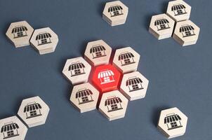Figures with store symbols are combined into an assembly. Franchise commercial concession concept. Investing in asuccessful business model. Building a business empire. Expansion and competitive growth photo