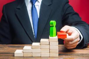 A businessman raises an employee up the career ladder. Increase in work, transition to a new level. Progress and professional growth. Appointment of an employee to a new position. Success photo