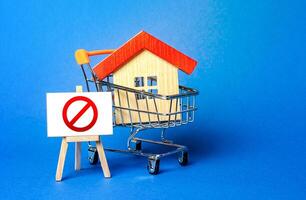 House in a shopping cart and an easel with a red prohibition sign NO. Inaccessibility, lack of housing, deficit. Seizure, freezing of assets by a bank, court. Illegal buildings, demolition elimination photo