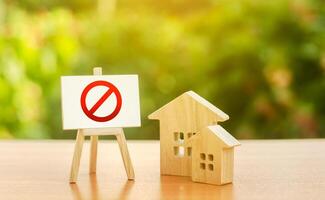 Wooden houses and an easel with a red prohibition sign NO. Inaccessibility and lack of housing, deficit. Seizure and freezing of assets by a bank, court. Illegal buildings, demolition elimination photo