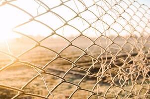 View of a winter farm field through a mesh fence. Beautiful sunrise in countryside. Property fencing and cattle barriers. Sunny day. Frost on fence grate, frosty cold. Agricultural industry photo