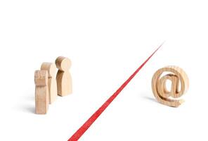 People and internet email symbol are separated by red line. Restriction of access to network and free exchange of information, censorship and information blockade. Technology lag gap photo