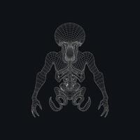 A chilling wireframe alien creature dominates the dark background, its skeletal structure and large head creating a haunting, mysterious mood. The intricate detailing emphasizes its otherworldly form. vector