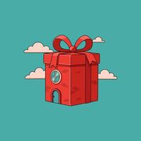 A charming red brick house, designed as a gift box with a big bow, floats playfully among fluffy clouds. Its cheerful, cartoon style evokes a sense of wonder and joy. vector