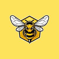A fierce cartoon bee confronts the viewer, set against a bold yellow hexagon, creating a powerful and memorable image. Its intense expression and vibrant colors add to its impact. vector