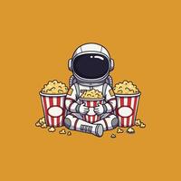 A charming cartoon astronaut enjoys a movie snack, surrounded by buckets of fluffy popcorn. A fun, lighthearted scene. vector