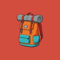 A cheerful orange backpack, ready for adventure A rolled sleeping mat sits atop, adding to the sense of wanderlust and excitement vector