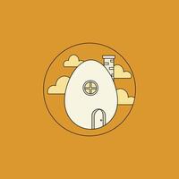 A whimsical egg-shaped house sits in a sunny landscape, its small door and window inviting. Simple lines and a warm color palette create a peaceful, charming scene. vector