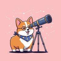 A charming corgi, wearing glasses and a star-patterned bandana, gazes through a telescope at a whimsical night sky. Sweet, playful, and full of wonder vector