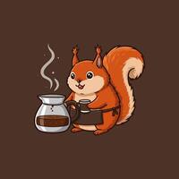 A cute cartoon squirrel, wearing an apron, proudly serves fresh coffee. The warm, inviting scene is filled with charm and a touch of whimsy. vector