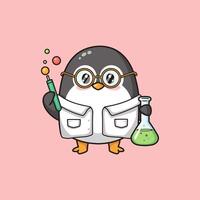A cute penguin scientist, wearing glasses and a lab coat, holds a beaker and a magic wand, creating a whimsical and charming scene. vector